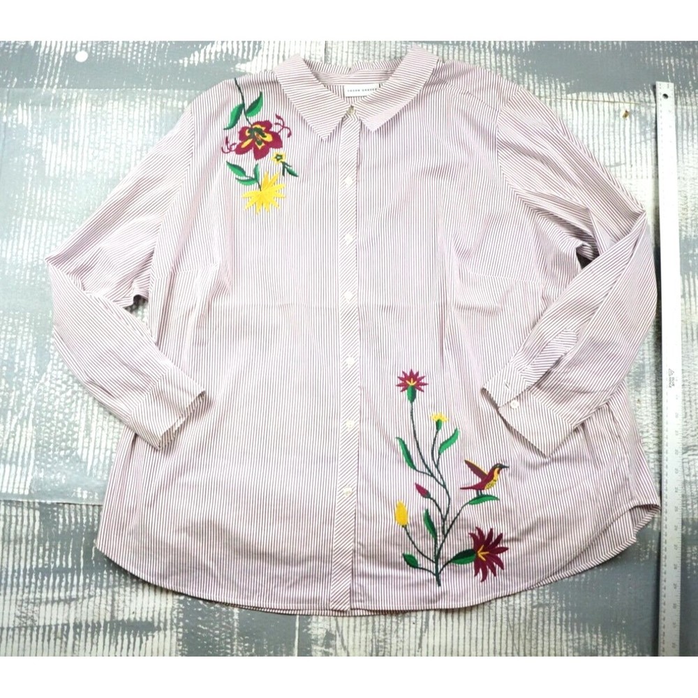 Susan Graver shirt womens 28w long sleeve stripe button up collared embroidered